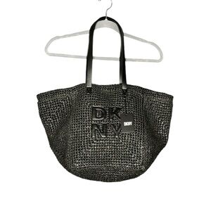 New DKNY Paloma Black Natural Weave with Stitched Logo Large Tote Bag